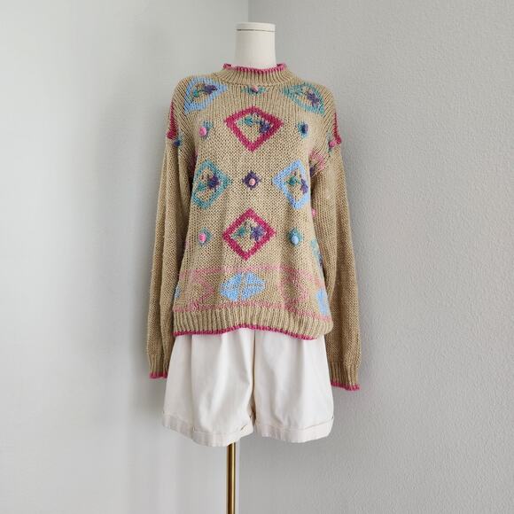 Vintage Cabin Creek Tan Spring Floral Pink Crew Neck Knit Sweater S - Picture 2 of 11